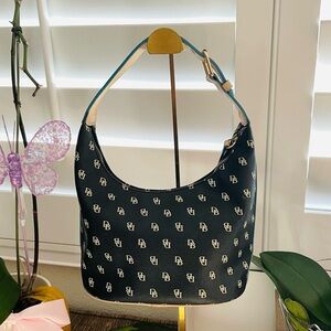 DB Monogram Shoulder Hobo Bag in Navy Blue and Beige